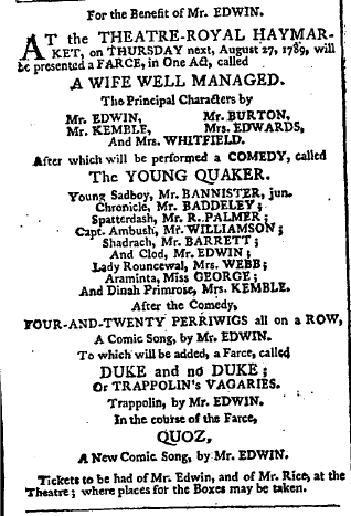 A playbill for the Benefit for Mr Edwin at which the Quoz Song debuted, August 27th 1789
